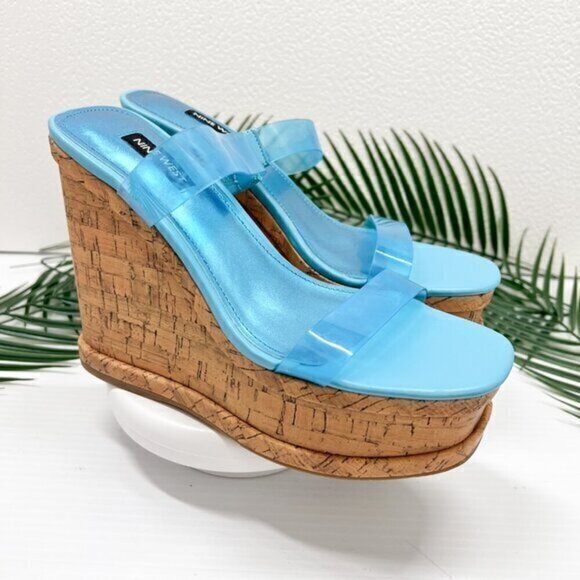 Nine West Rapps 2-Strap Platform Wedge Sandal Size 7.5M Turquoise Blue - Picture 1 of 12